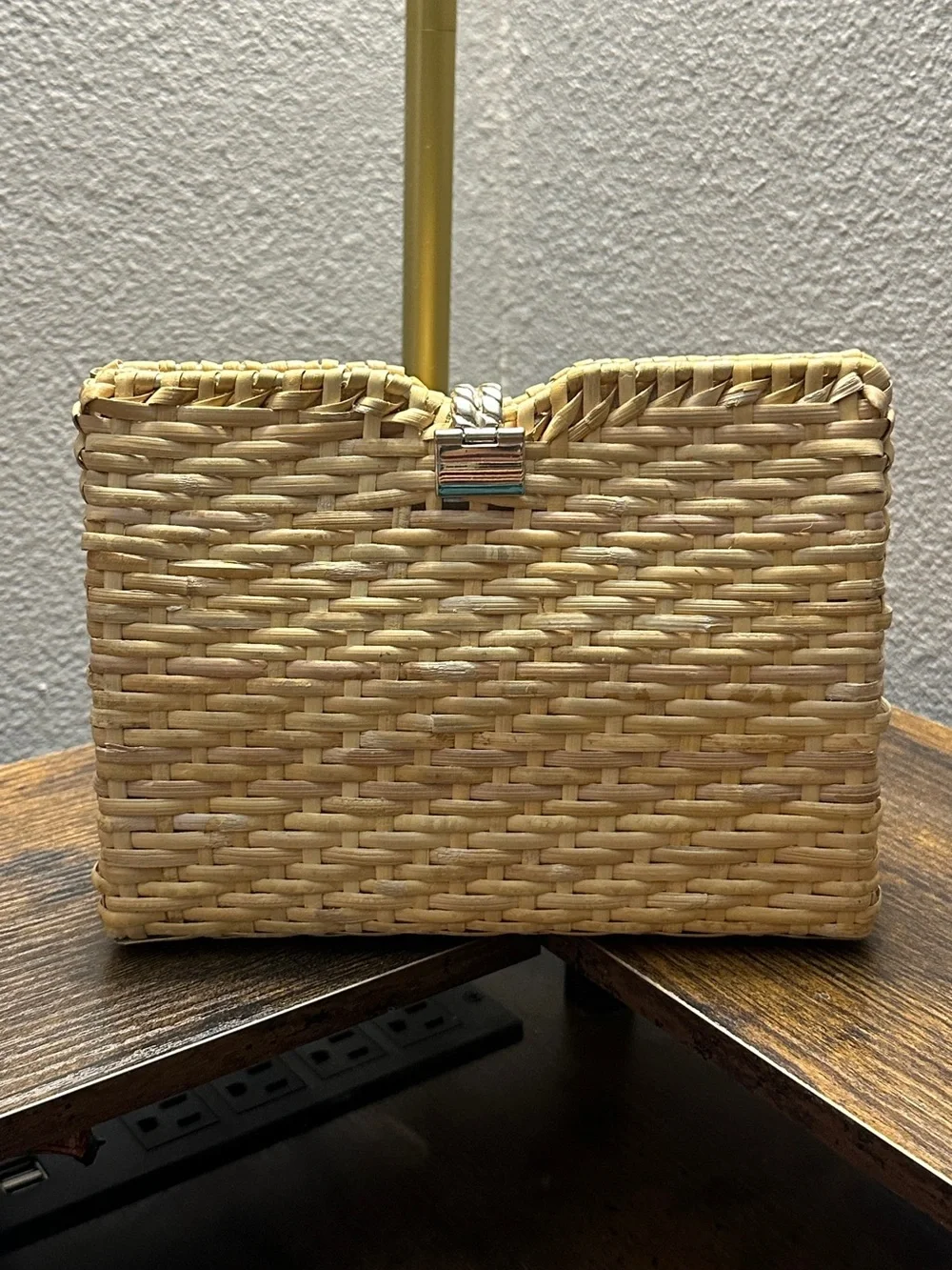 Zara Natural Tan Woven Straw Clutch with Gold-Tone Chain Closure